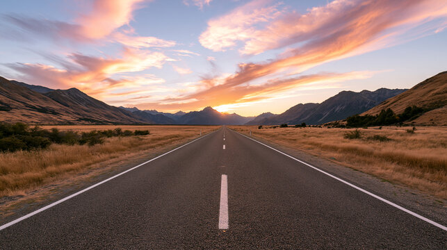 Scenic Road Trip View of Empty Highway Running Through a Wide Mountain Valley Under a Brilliant Pink and Orange Sunset Sky