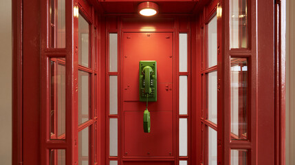 Fototapeta premium Vintage Green Wall Telephone Inside a Bright Red Booth Framed by Glass Panels and Glossy Painted Walls with Classic Handset Cord and Symmetrical Interior