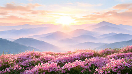 Obraz premium Dreamy Scenic View of Pink Flower Meadow Overlooking Layered Mountain Ranges During a Soft Golden Sunrise