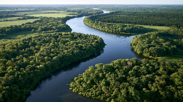 Winding River Flowing Through Dense Green Forest Showing Untouched Natural Watershed Seen from a High Aerial Perspective