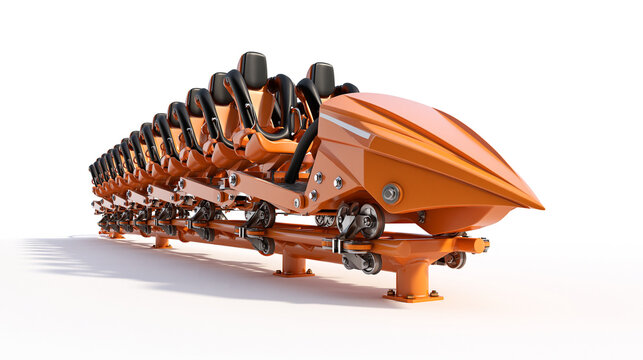 Orange Roller Coaster Train with Multiple Passenger Seats Isolated on a Bright White Background with Streamlined Front Car Safety Restraints and Metal Wheels