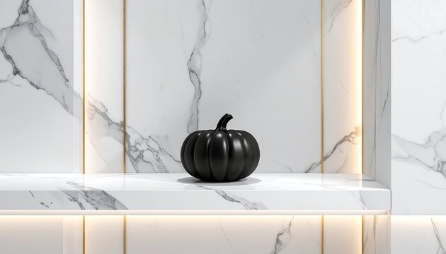 Luxury Halloween Background with White Marble Gallery and Black Pumpkin