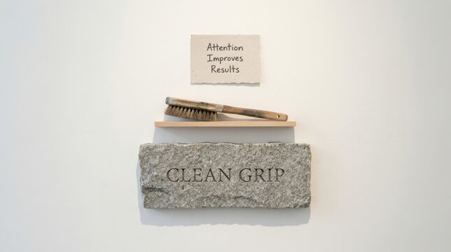 Minimalist bouldering brush and engraved stone slab with clean grip text and motivational note attention improves results on wall. Ideal for climbing gym maintenance and gear storage concepts for you.