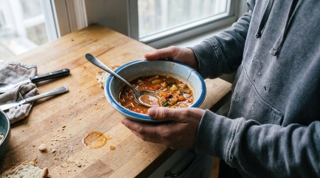 Hands holding ceramic bowl of hearty vegetable soup over rustic wooden kitchen counter with bread for healthy nutrition and comfort food marketing.