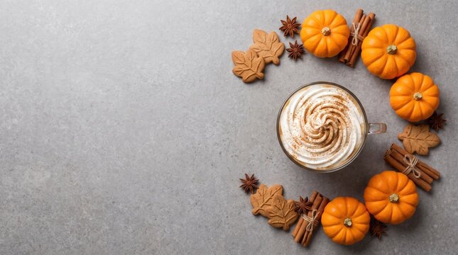 Pumpkin Spice Latte with Whipped Cream and Cinnamon on Gray Stone Background with Autumn Decor and Large Copy Space for Seasonal Food Branding