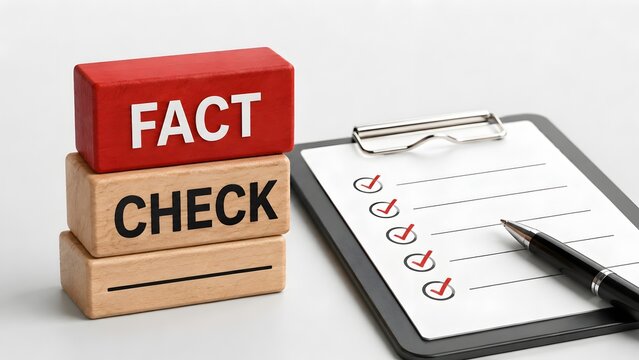 Fact check concept with wooden blocks and checklist on clipboard