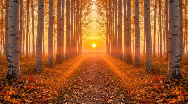 Autumn Birch Tree Alley with Sunbeams and Golden Leaves on Forest Path at Sunrise for Tranquil Nature Background