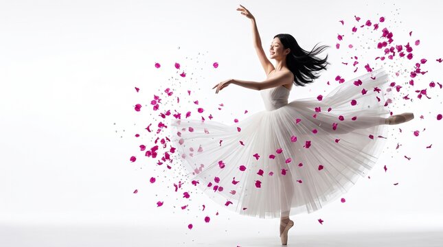 Elegant ballerina dancing in white tutu, swirling pink rose petals, graceful motion on clean white background