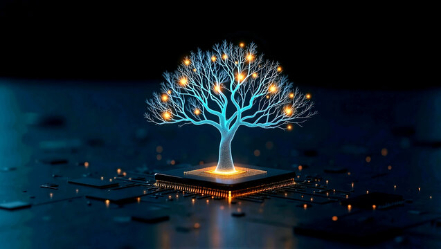 Glowing digital network tree growing on a microchip, futuristic concept of artificial intelligence and data structure growth
