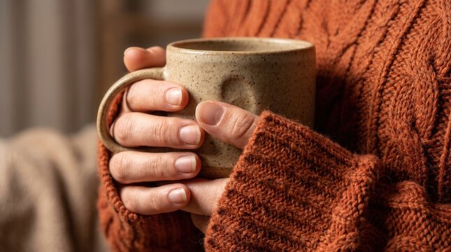 Close up of person holding ceramic mug with hands in cozy orange cable knit sweater for autumn lifestyle and winter beverage advertising