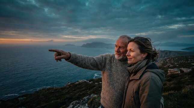 Senior man and adult daughter standing on coastal cliff edge at sunset, father pointing to sea for outdoor family travel and heritage marketing