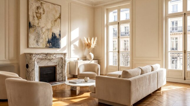 Luxury interior design, a luxury parisian living room with herringbone floors, marble fireplace, and abstract art