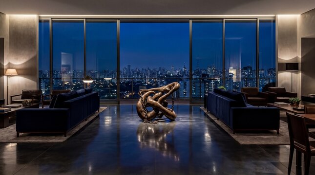 Luxury urban living, luxurious so paulo penthouse interior featuring dark concrete floors and a tunga sculpture