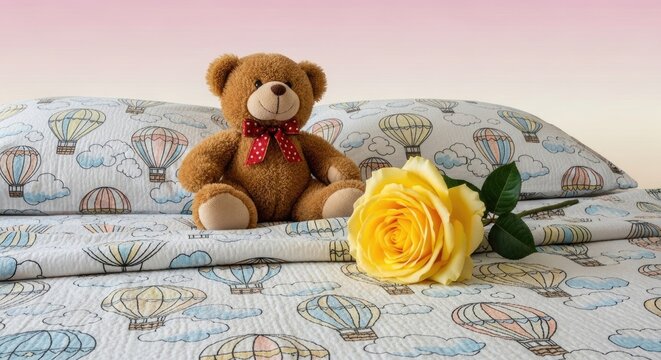 Teddy bear and yellow rose on bed with hot air balloon print