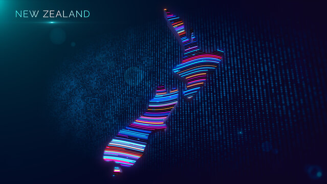 Modern digital illustration of a colorful 3D extruded New Zealand map with glowing neon lines, futuristic grid background, lens flare, bokeh, and New Zealand title text.