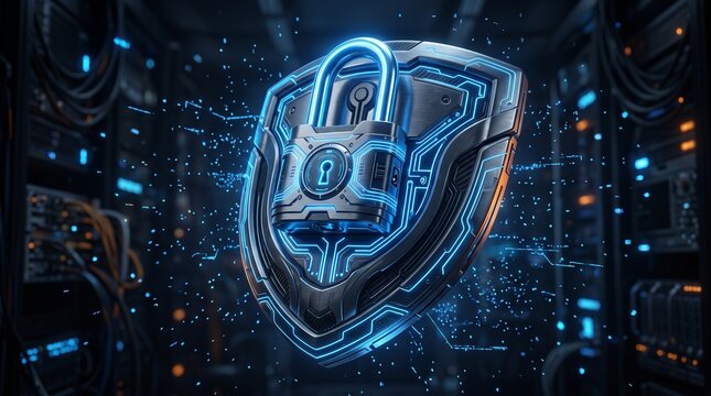 Futuristic padlock and security shield with glowing blue circuit lines, cybersecurity concept for data protection, privacy, encryption and digital defense.