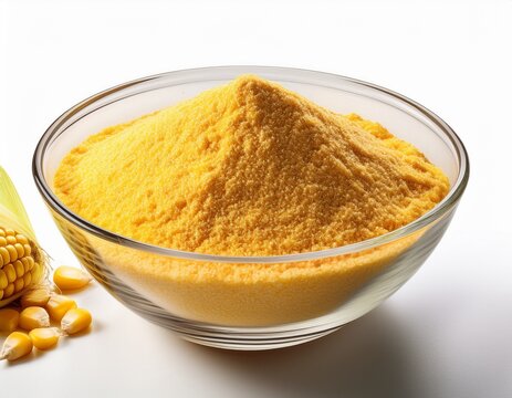 glass bowl filled with cornmeal and corn kernels on white background