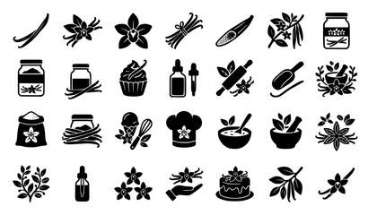 Fototapeta premium Minimal Black and White Vanilla Bean Filled Glyph Icon Pack Botanical Vector Set
