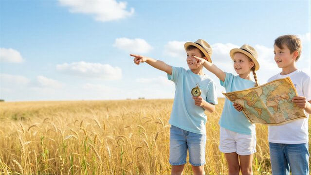 Three kids explore a golden field, pointing at the sky with maps and compasses.