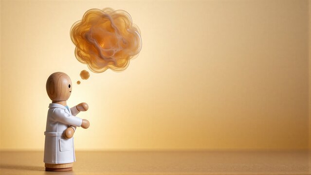 Wooden doctor figure in white coat, thinking with golden thought bubble.