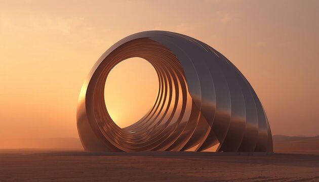 A metallic, curved, toroidal architectural sculpture with a large circular opening sits on a dry, barren landscape during a golden sunset.