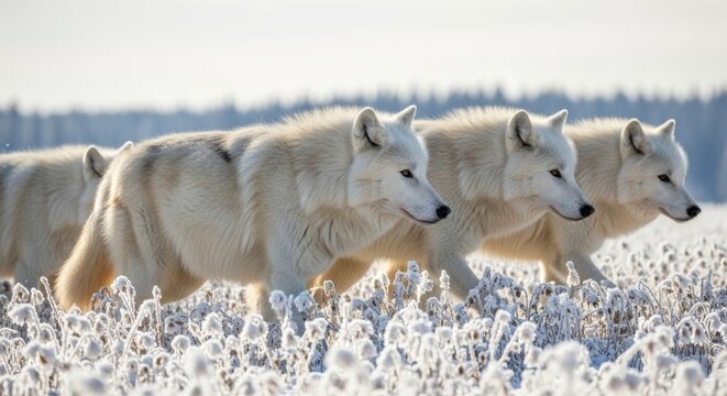 Three white wolves walking in a snowy field