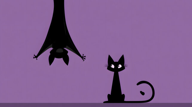Black bat hanging upside down with a stretchable neck meets a black cat on a smooth purple background. Funny Halloween animation