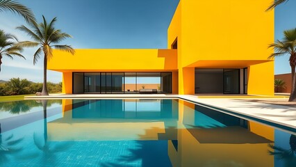 Fototapeta premium minimalist modern architecture villa with yellow walls and teal swimming pool.