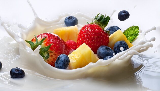 fresh strawberry ripe blueberries and pineapple chunks splashing into a swirl of creamy white milk