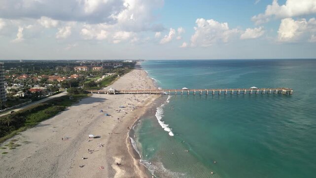 Flying towards Juno Beach Pier near Jupiter in Palm Beach County, Florida. 