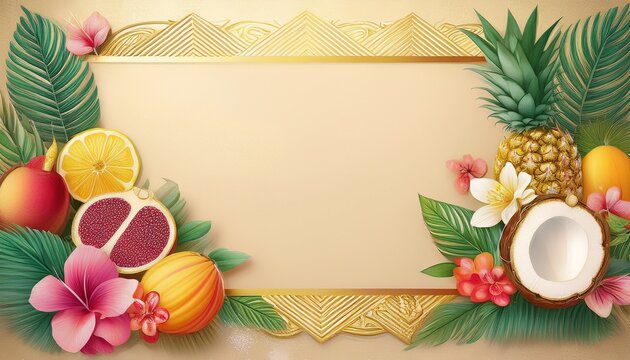tropical summer frame design with exotic fruits and flowers on soft textured background with gold geometric border and place for text