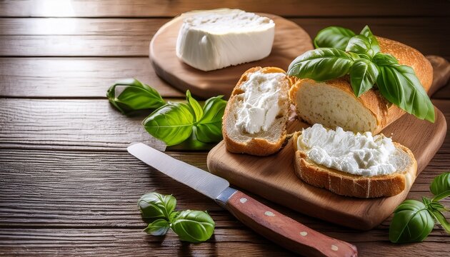 wooden table with fresh ricotta basil bread and knife