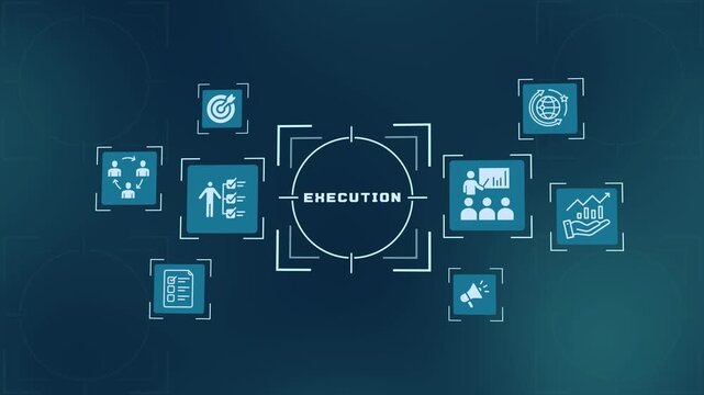 Strategic project execution banner featuring dynamic HUD digital technology layout and business process icons.