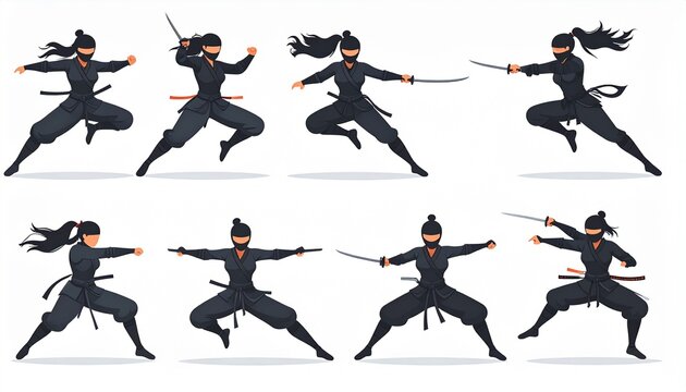 Flat design icon set of ninja character in different action poses, martial arts vector illustration