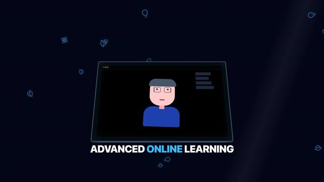Animated student on tablet with floating icons and blue background, perfect for online courses, educational marketing and remote learning software