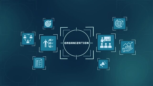 Corporate organization concept with structured business process icons and digital workflow management graphics.