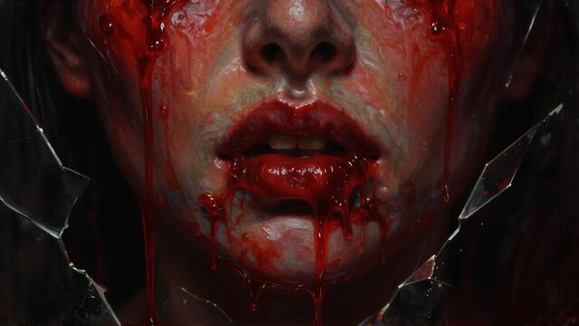 Blood drips from a shattered face, capturing raw, visceral horror.