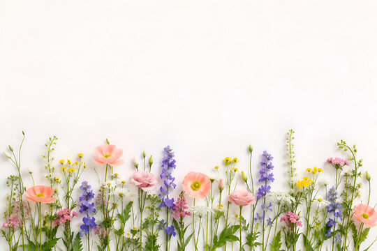 Minimal Wildflower Border on White Background with Copy Space, Spring Floral Banner