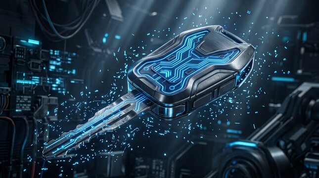 Futuristic car ignition key with glowing blue circuit lines, smart vehicle technology concept for digital security, automotive innovation and connected mobility.