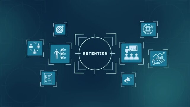 Customer retention business strategy concept with digital management icons on dark blue tech interface background banner.