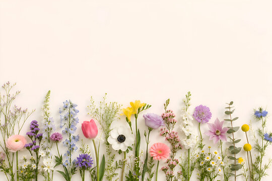 Minimalist Wildflower Border on Cream Background with Copy Space, Spring Floral Banner