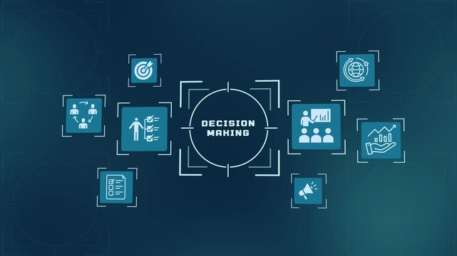 Decision making strategy concept with strategic analysis icons on dark blue digital futuristic interface banner graphic.
