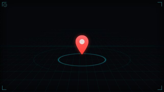 Modern digital 3D rendering of a red location pin icon with pulsing circle animation on a dark grid background, suitable for GPS navigation, delivery services and travel applications
