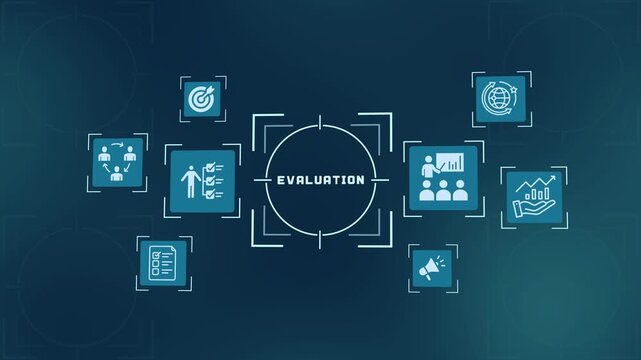 Business evaluation concept graphic with performance assessment icons and HUD interface on dark blue background.