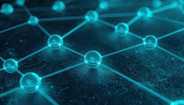 Abstract cyan 3D molecular structure of interconnected glowing spheres on dark textured background with molecule structure connection technology chemistry abstract background particles