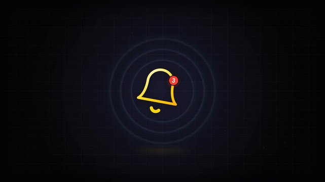 Glowing yellow notification bell icon with a red alert badge, pulsating circular ripple waves, suitable for UI design, app alerts and web marketing