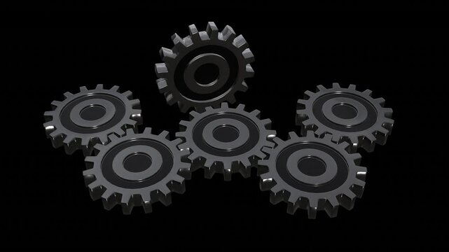 Seamless loop animation of six metallic grey gears rotating together against a black background, symbolizing mechanical engineering and industry.