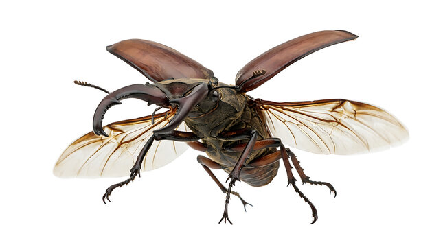 Stag Beetle in Flight with Detailed Brown Wing Structure and Large Mandibles Isolated on White Background