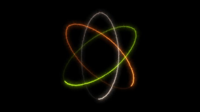 Glowing Energy Atom Ring Animation Loop Showing Orbiting Science Nuclear Particle Lines on Black Background