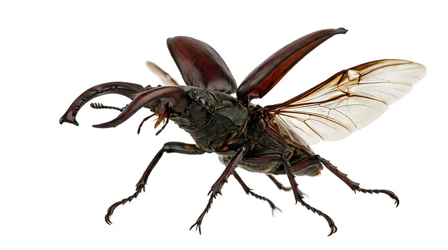 Detailed Side View of a Stag Beetle with Open Wings Isolated on a White Background